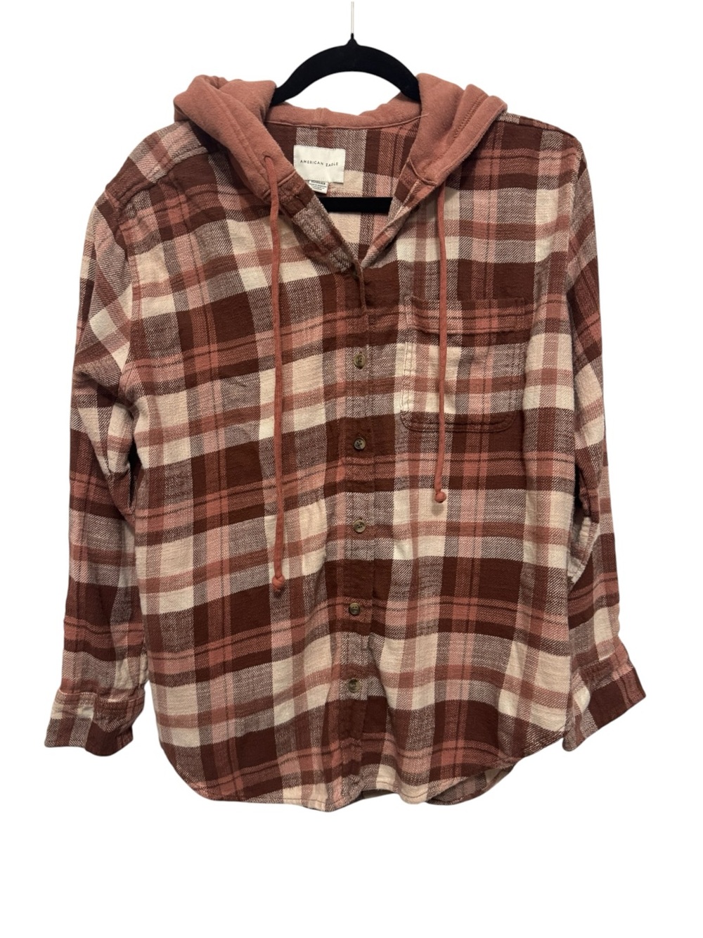 American Eagle Oversized Hooded Plaid Button-Up Shirt - Rust & Cream
